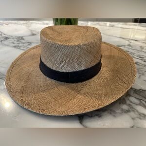 Janessa Leone Natural Straw Wide-Brim Hat with Black Band